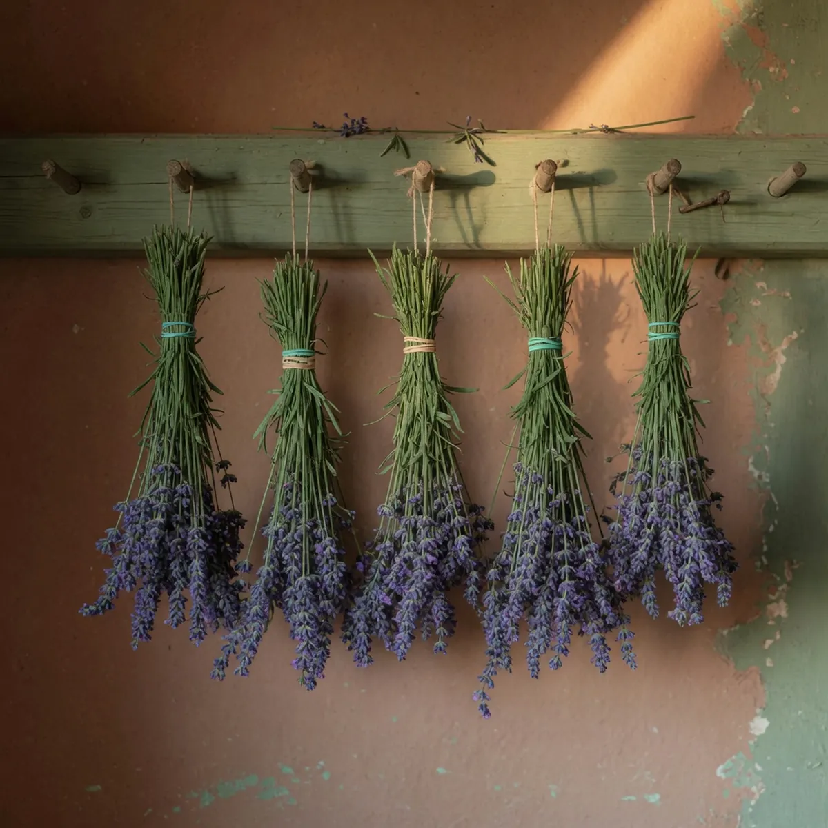 Freshly harvested lavender stems tied in small bundles hanging upside down to dry.