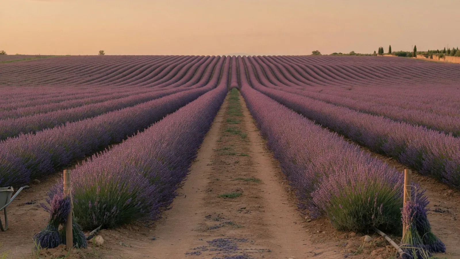A wide expanse of blooming lavender fields with neat rows stretching into the distance.