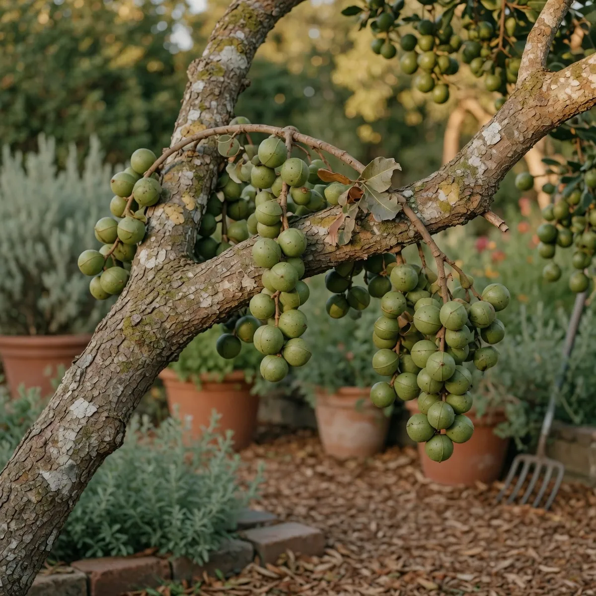 A woody macadamia branch heavy with clusters of smooth green spherical nuts ready for harvest.