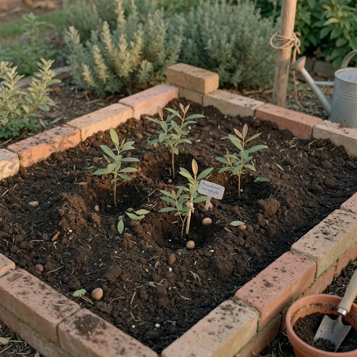 Rich dark loamy soil in a prepared garden bed ready for planting macadamia seedlings.