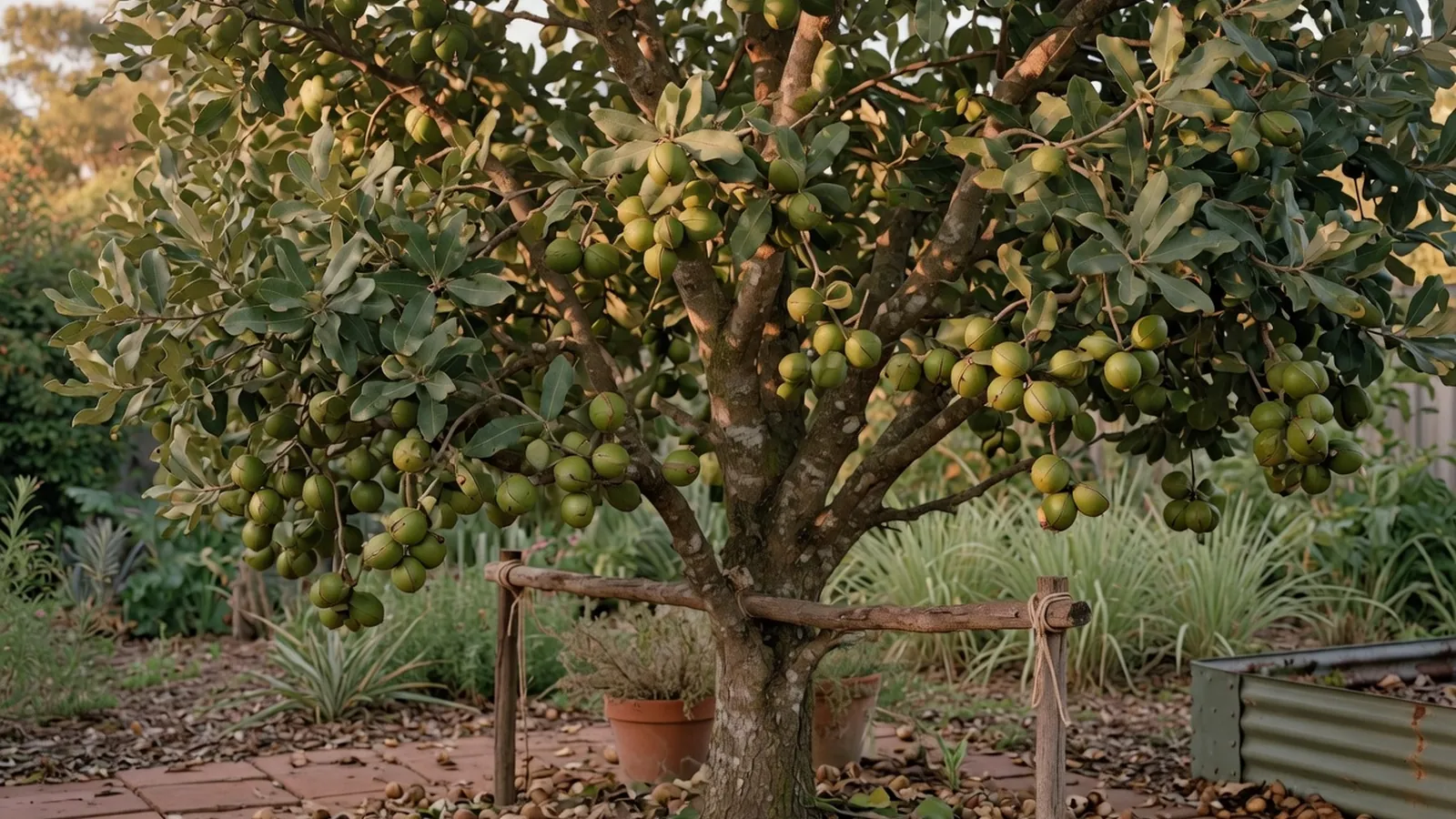 A mature macadamia tree bearing clusters of green nuts in a subtropical garden.