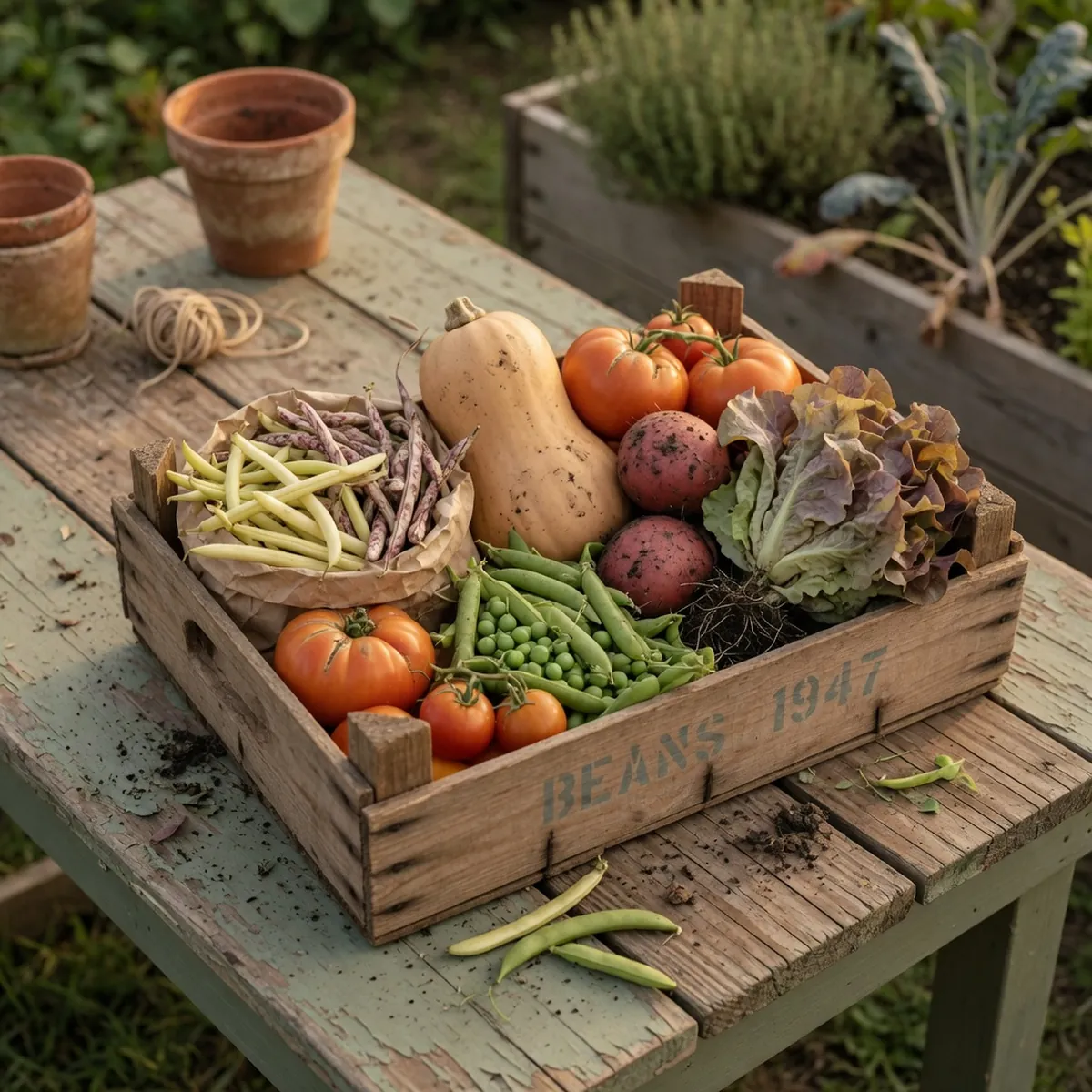 A collection of freshly harvested beans, squash, potatoes, lettuce, peas, and tomatoes arranged in a wooden crate.