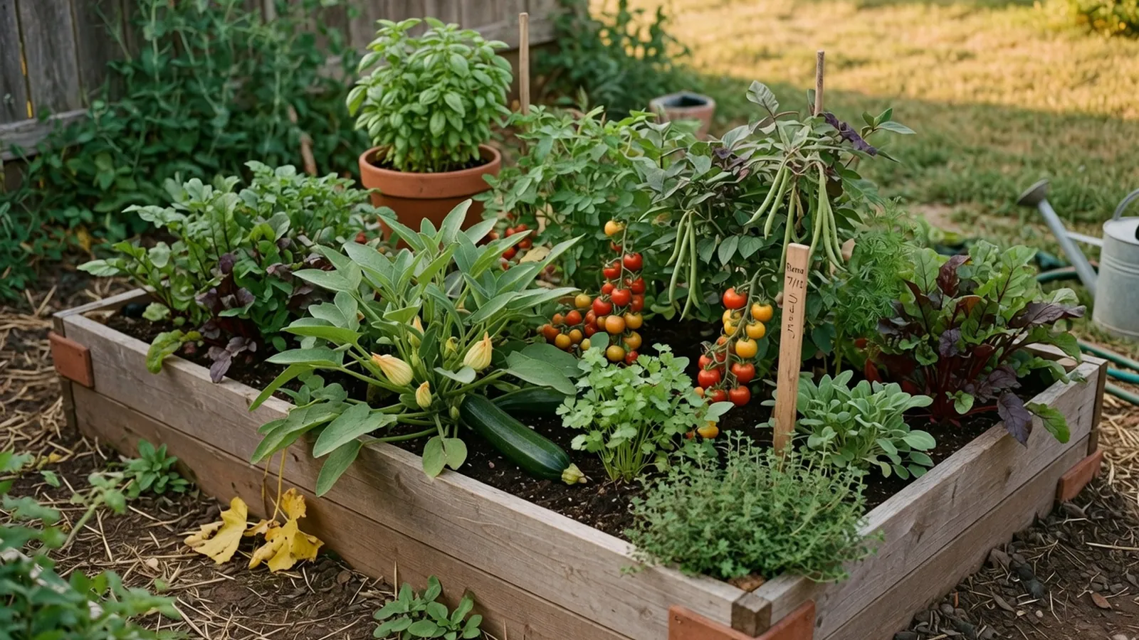 A thriving home vegetable garden bed filled with healthy plants and ripe produce under natural sunlight.