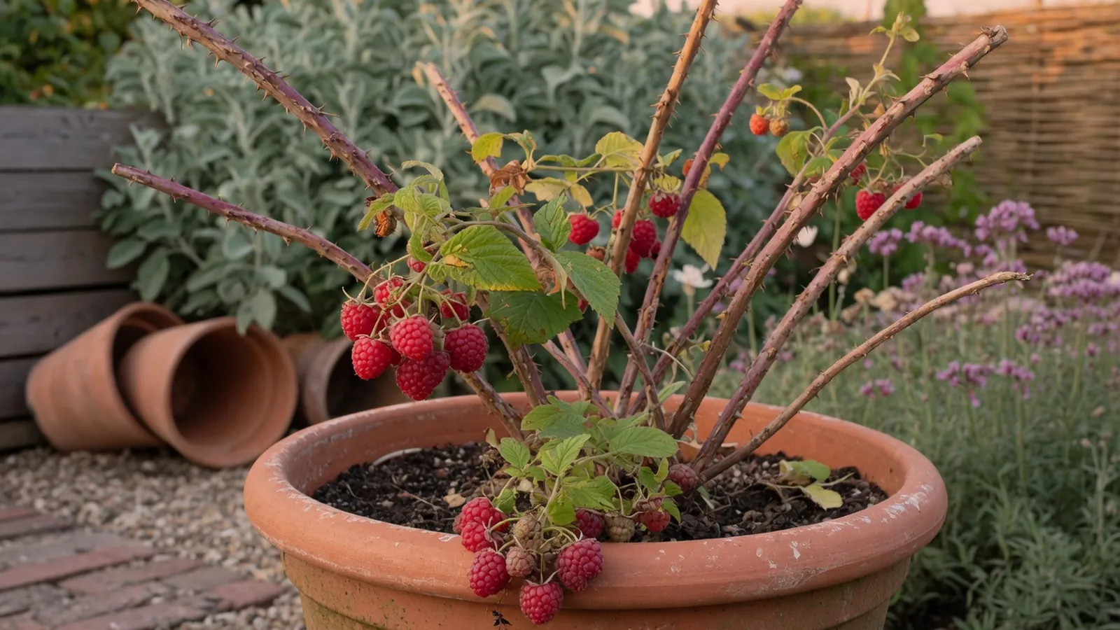 A healthy raspberry bush in a large container displaying clusters of ripe red berries on a patio.