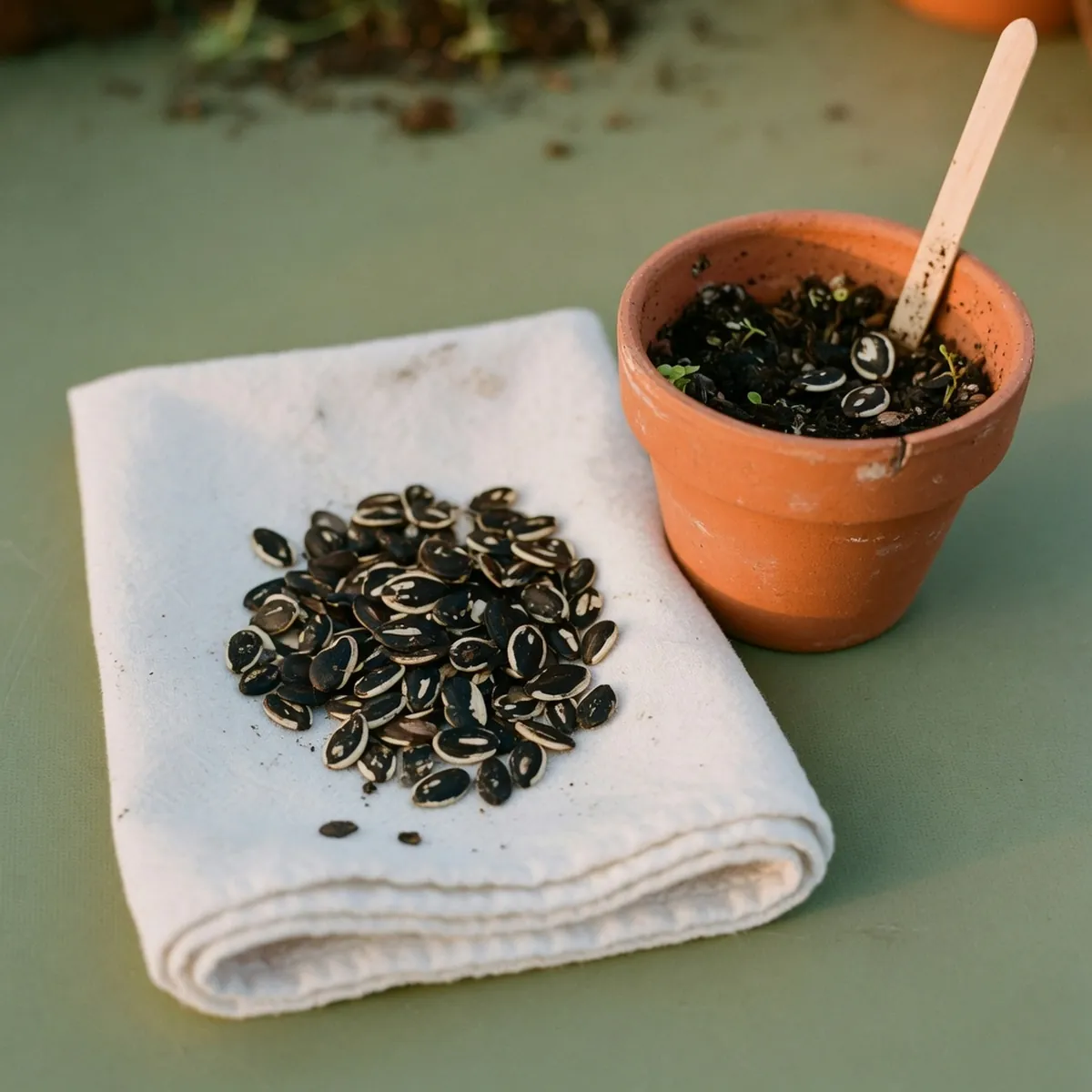 Soaked watermelon seeds resting on a white cloth ready for planting.