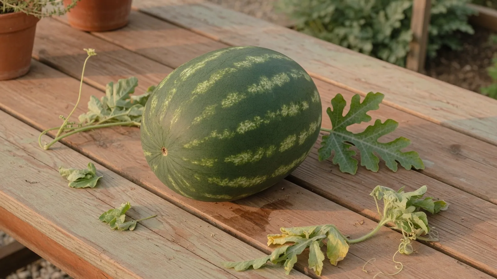 A ripe seedless watermelon sliced open to reveal its juicy red flesh on a wooden table.