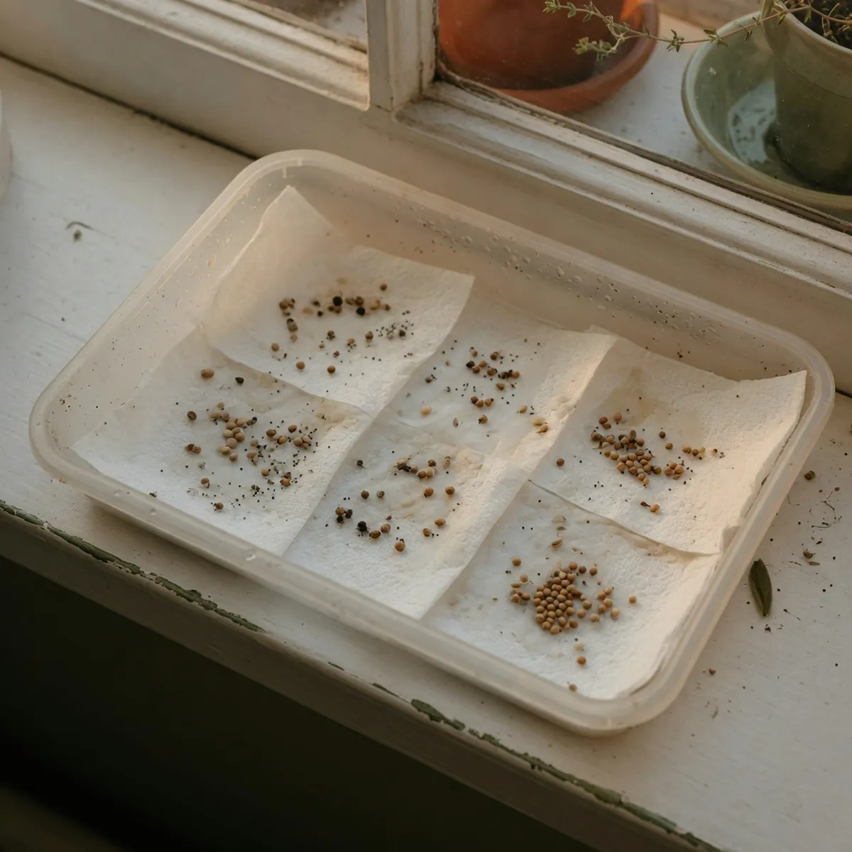 Small seeds scattered on damp paper towels inside a shallow tray ready for germination.