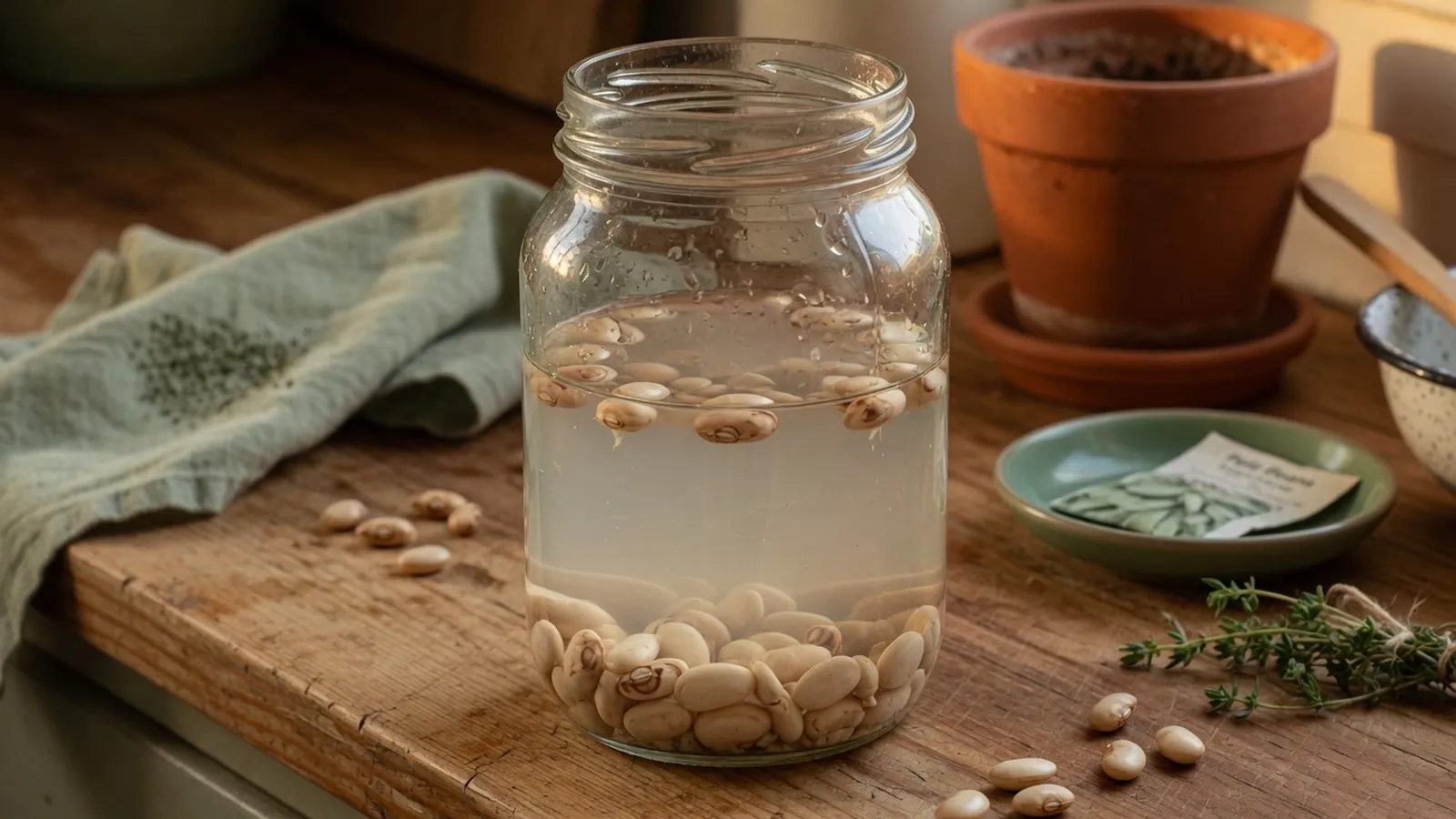 Bean seeds soaking in a clear glass jar of water on a kitchen counter.