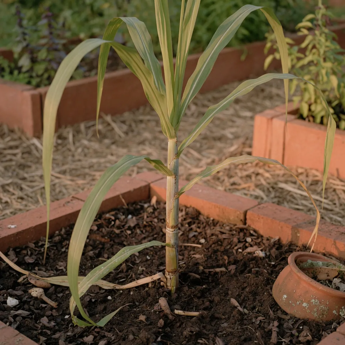 A close-up view of a mature sugarcane stalk with long, slender green leaves growing in rich, dark soil.