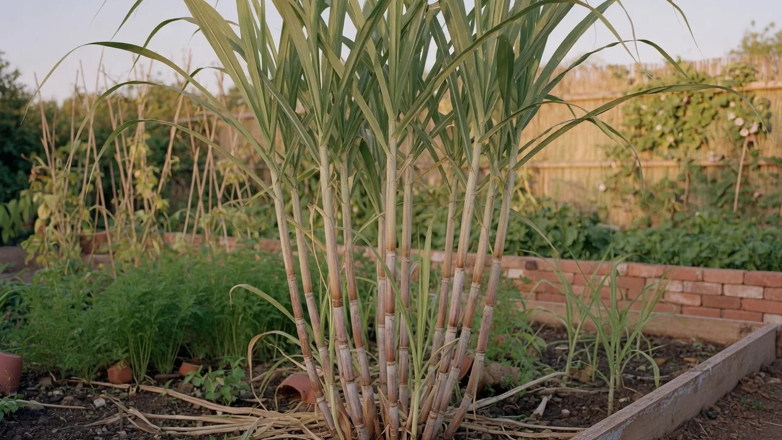 Tall stalks of sugarcane growing densely in a bright, sunlit garden plot.