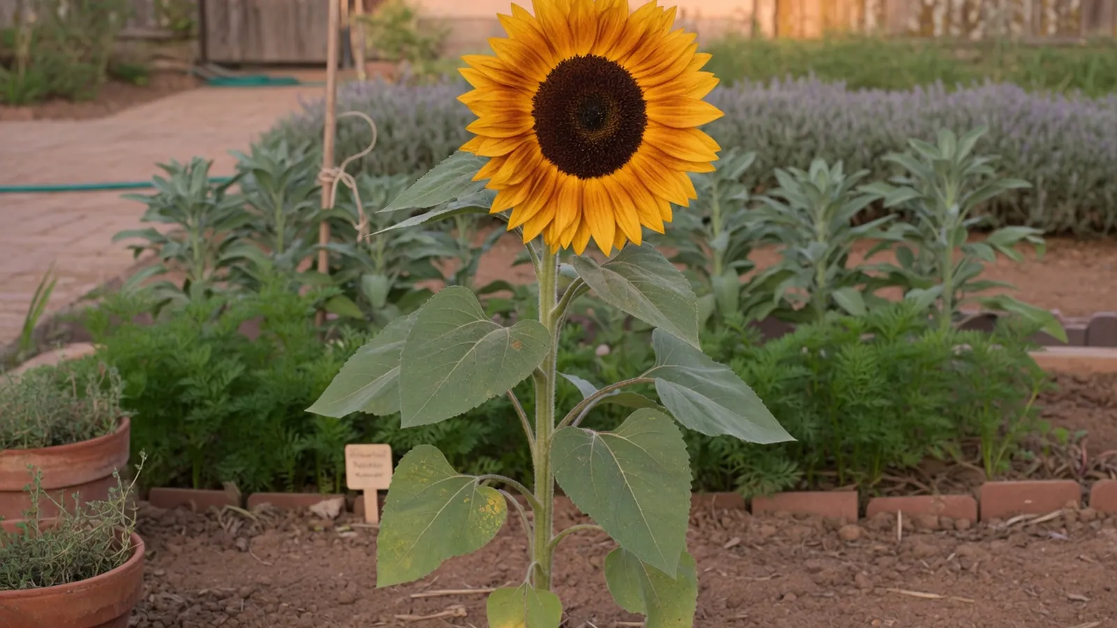 A tall sunflower plant with a large golden bloom stands in a sunny garden bed.