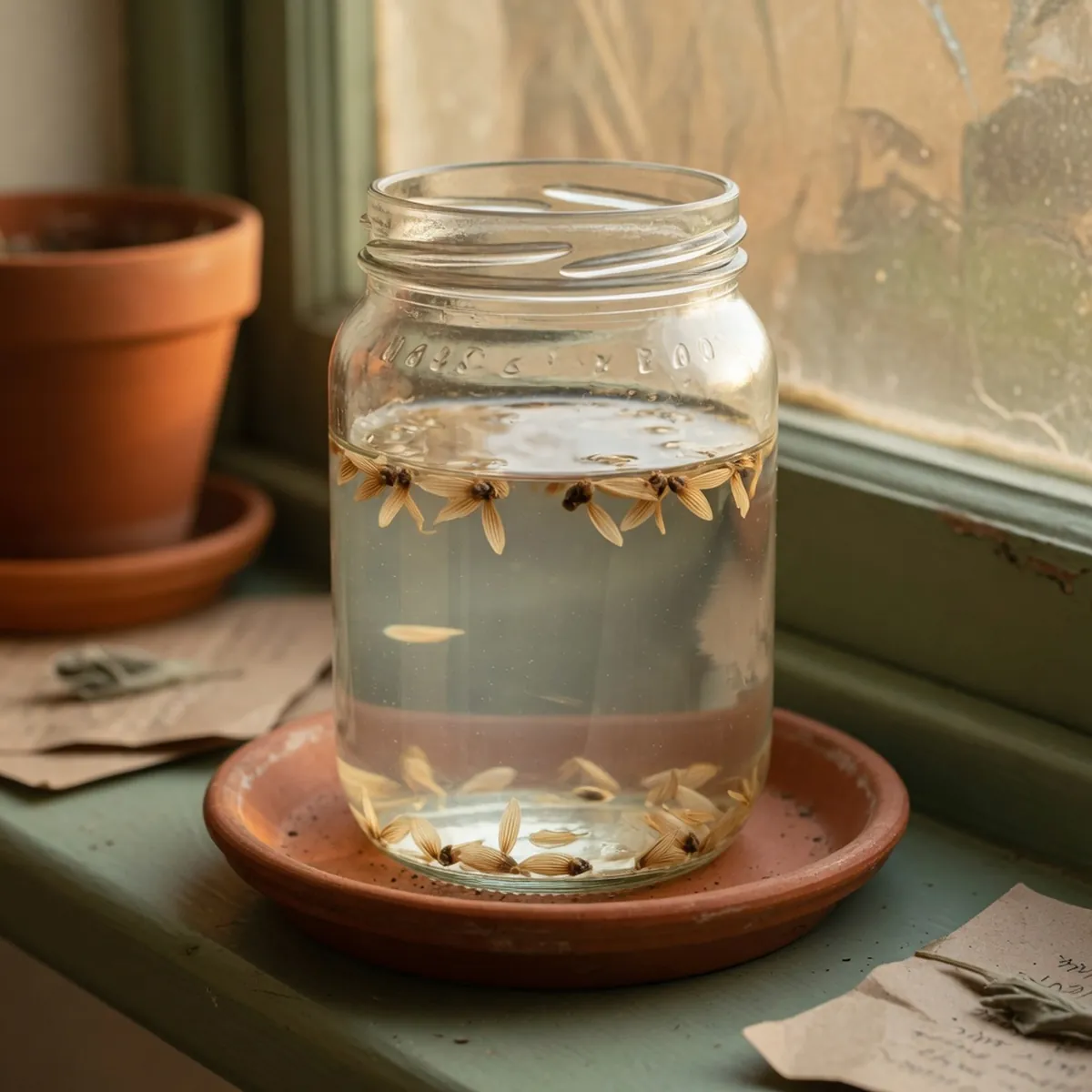 Pine seeds submerged in a clear glass jar of water, with some floating and others settled at the bottom.