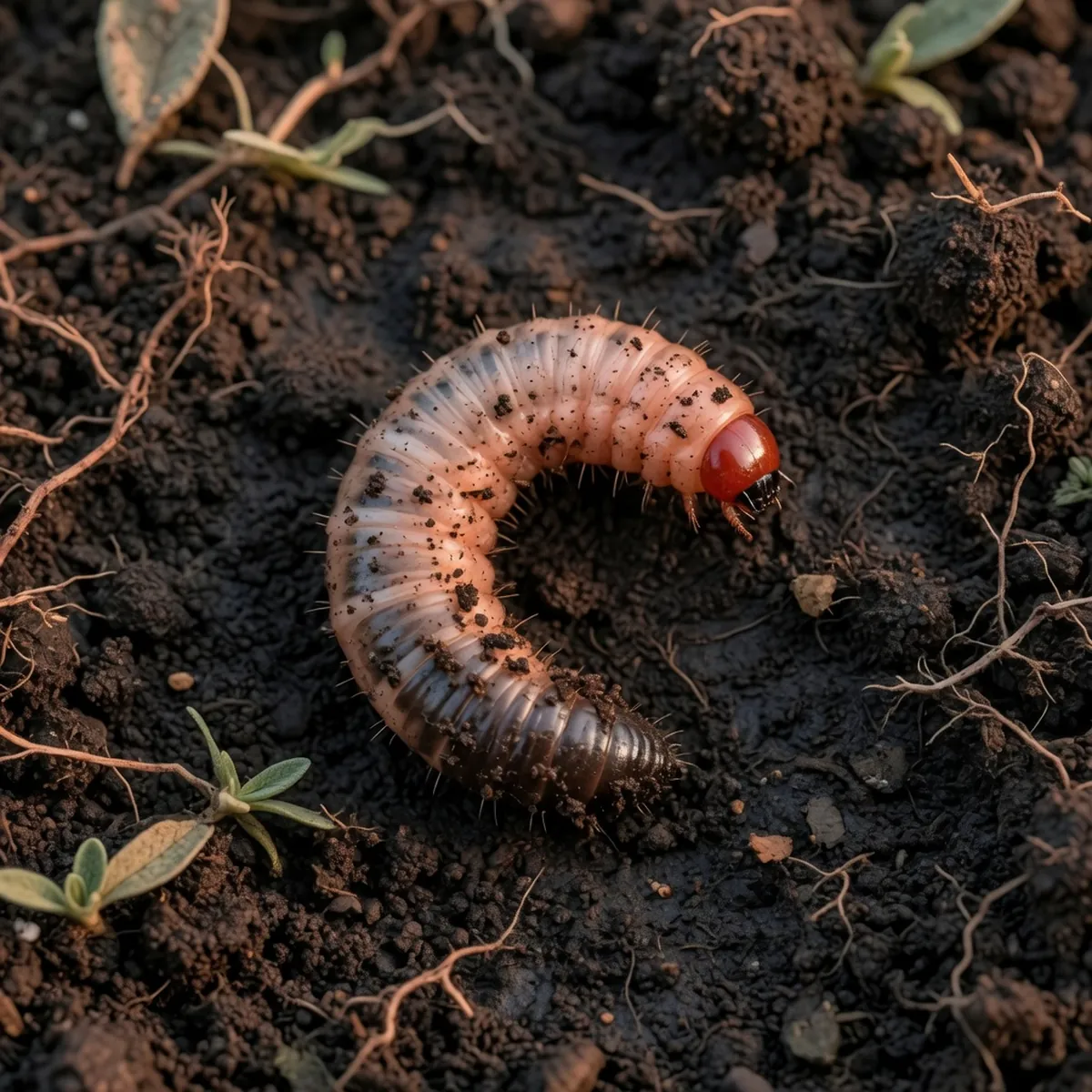 A C-shaped grub worm with a reddish head and dark rear resting on dark, moist garden soil.