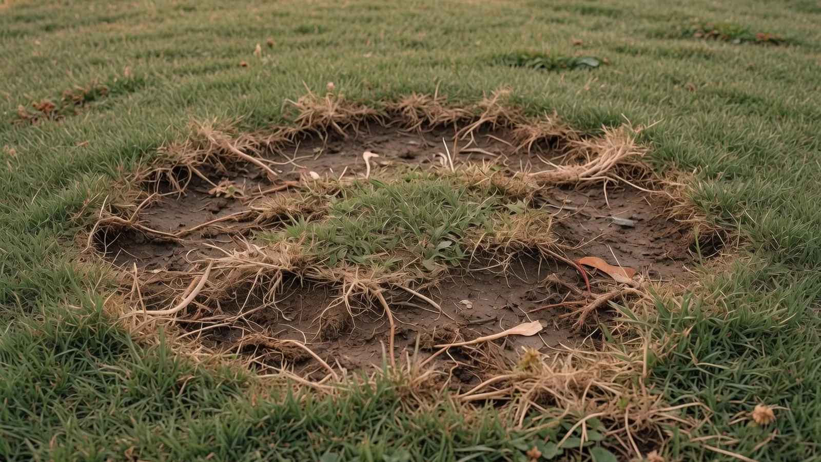 A patch of brown, damaged grass on a green lawn revealing exposed roots.