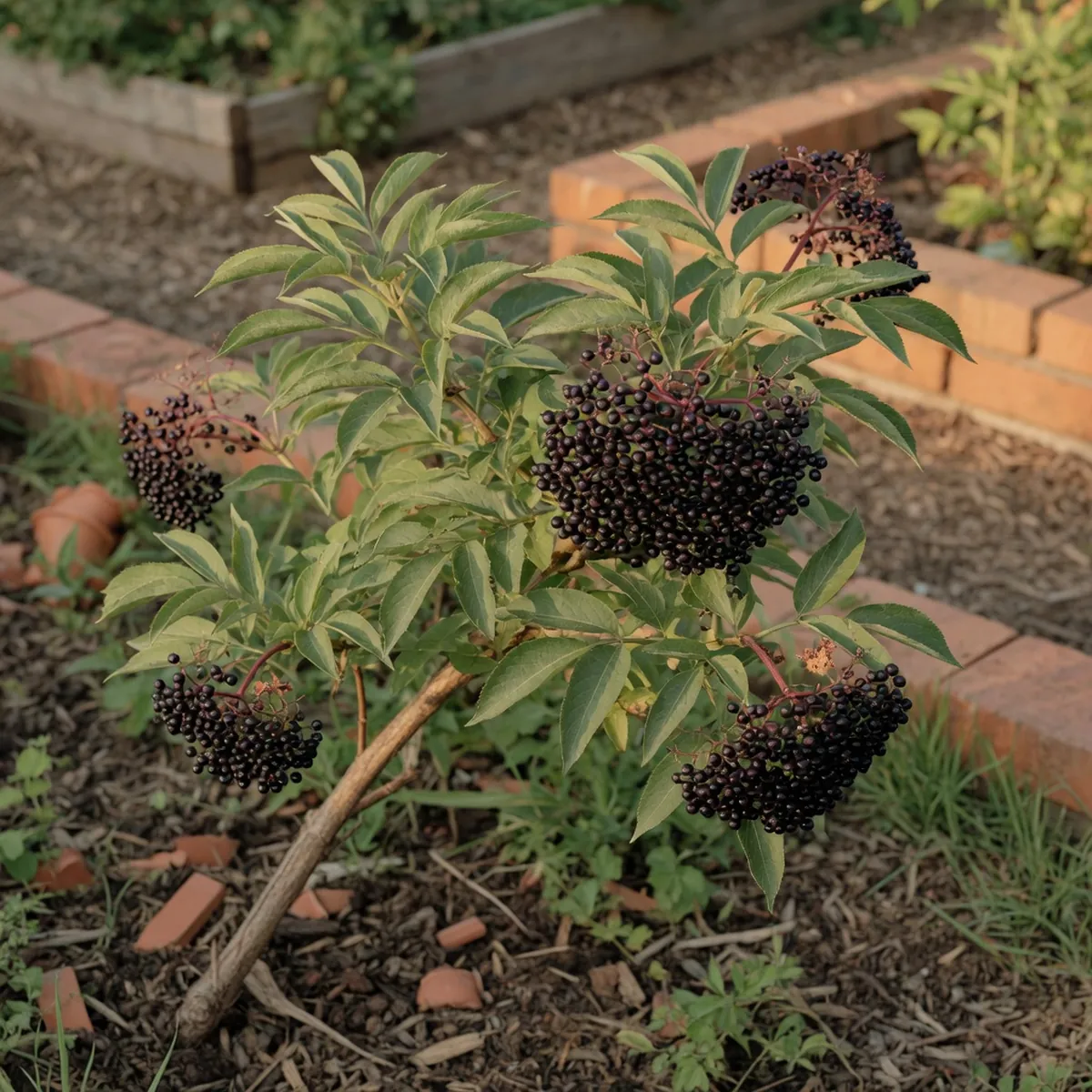A mature elderberry branch displaying dense, flat-topped clusters of dark purple berries against green serrated leaves.