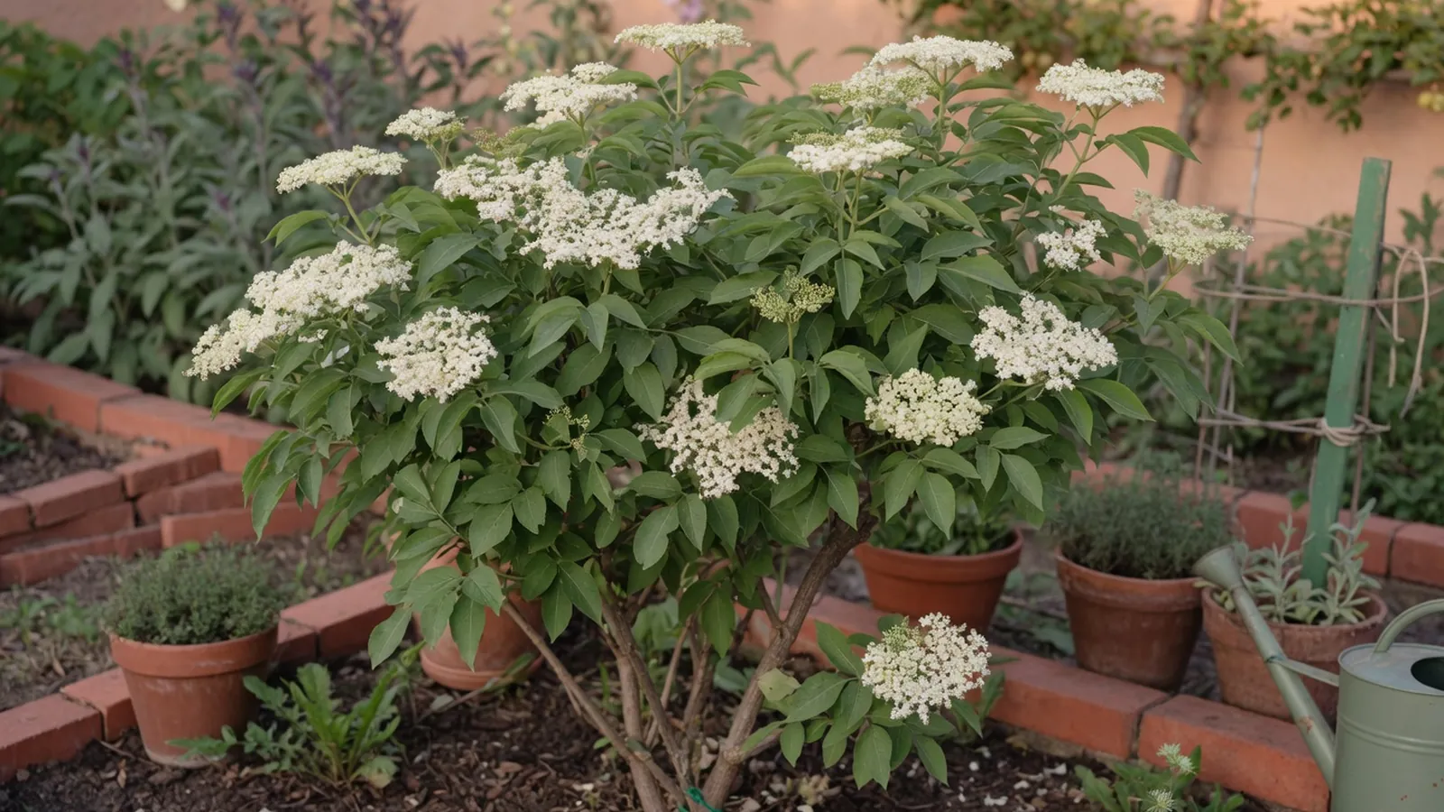 A healthy common elderberry shrub in full bloom with lush green foliage and creamy white flower clusters.