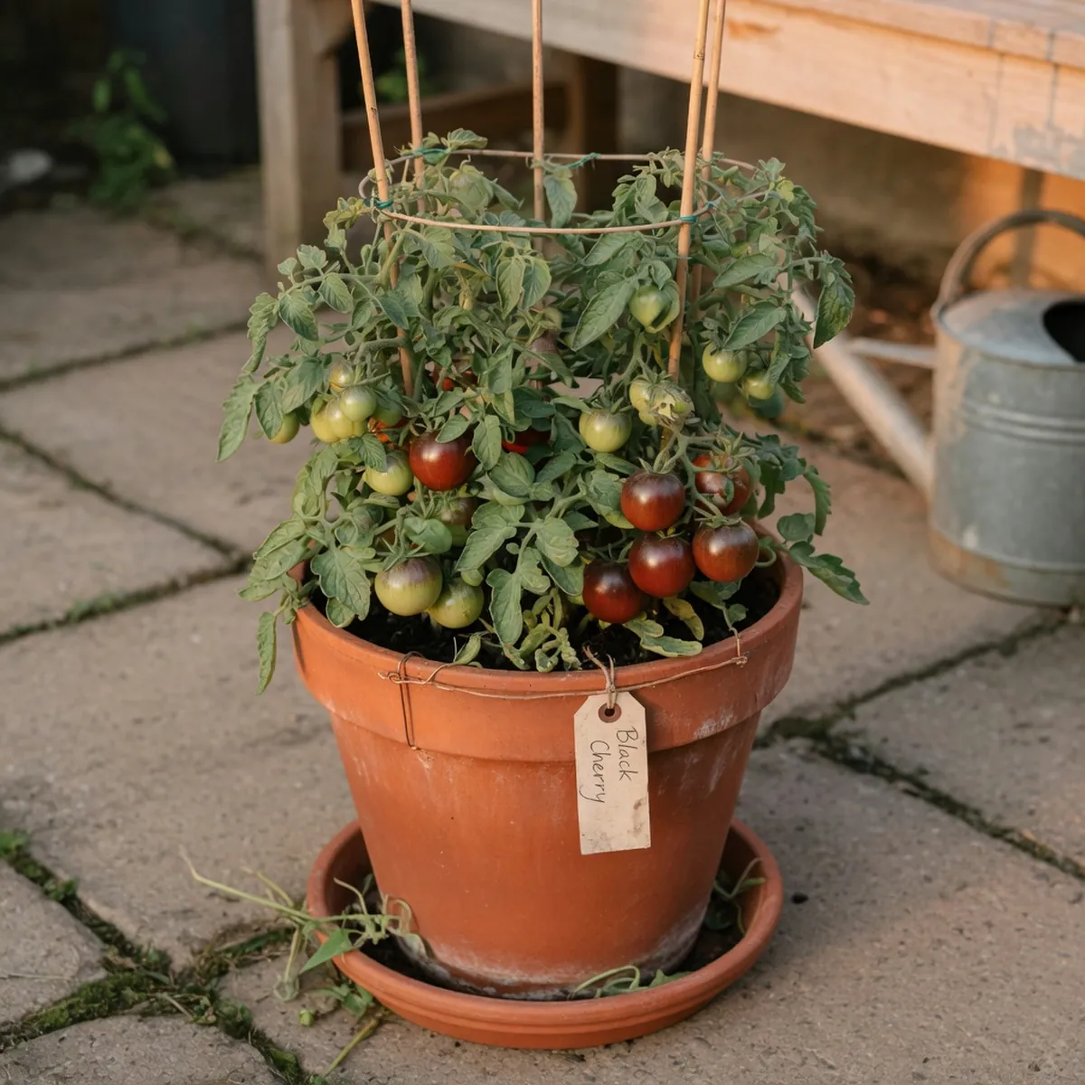 A compact dwarf heirloom tomato plant growing in a terracotta pot on a sunlit patio.