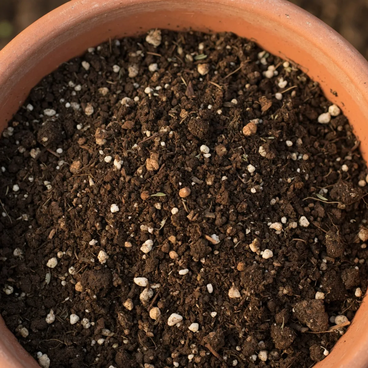 A close-up of rich, crumbly garden soil mixed with compost and perlite in a planting container.