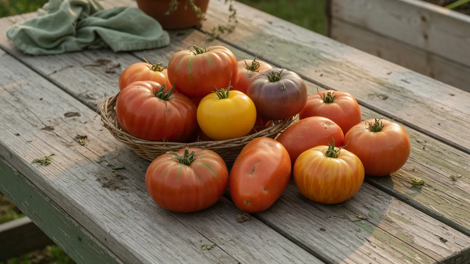 A cluster of ripe heirloom tomatoes in varying shades of red and yellow resting on a wooden garden table.