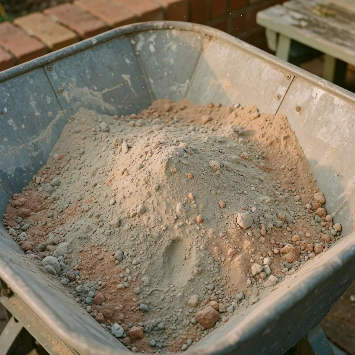 A close-up view of dry, fine-grained cement and sand mixture resting in a metal hopper.