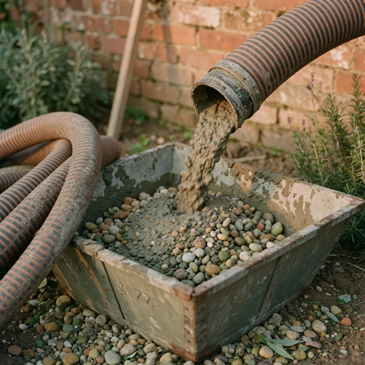 A heavy industrial hose pumping wet concrete mixture with visible gravel aggregate into a construction hopper.
