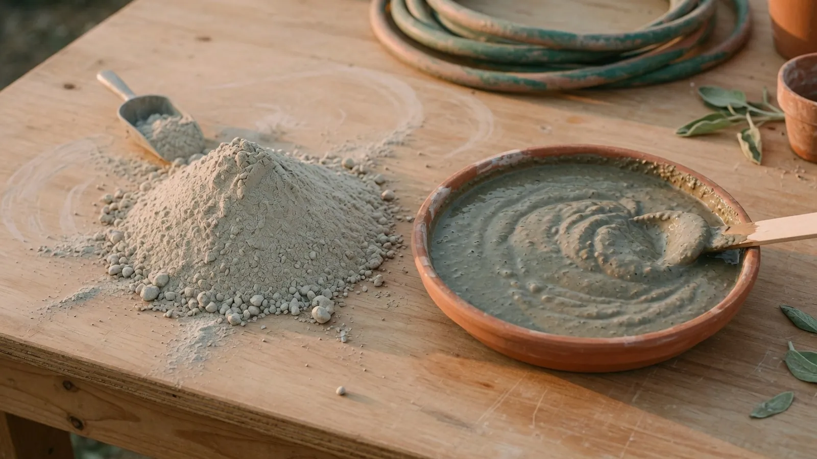 Dry cement powder and wet concrete slurry arranged side-by-side on a clean workbench.