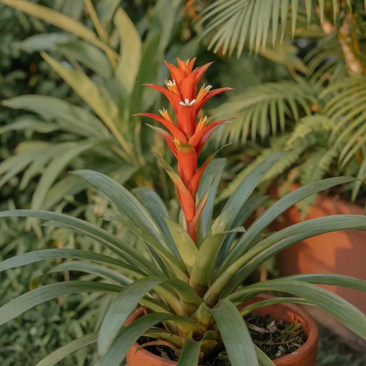 A Guzmania bromeliad with a tall spike of bright orange and red bracts emerging from glossy green leaves.
