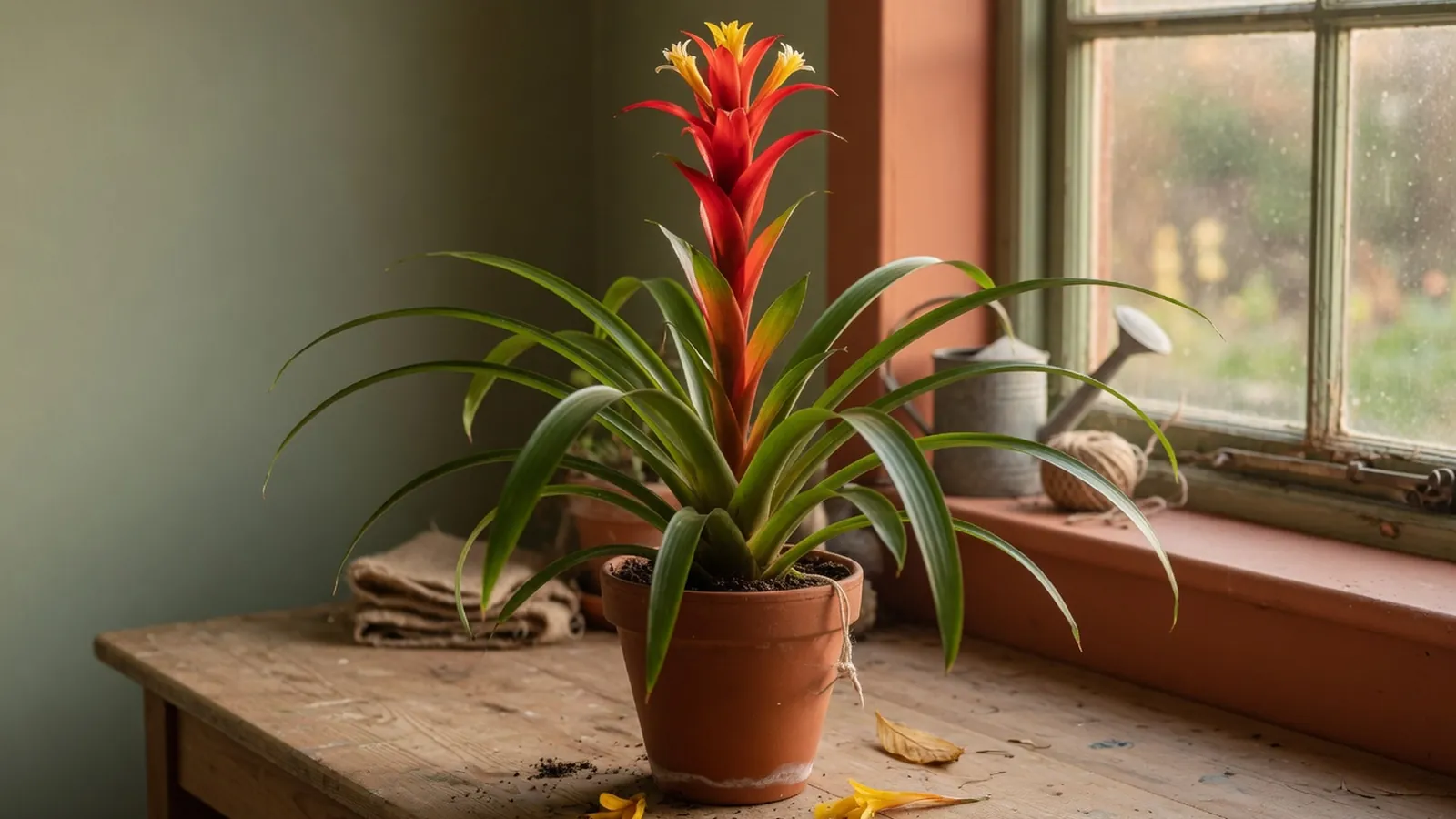 A vibrant Guzmania bromeliad potted indoors, showcasing its striking colorful bracts and glossy foliage.