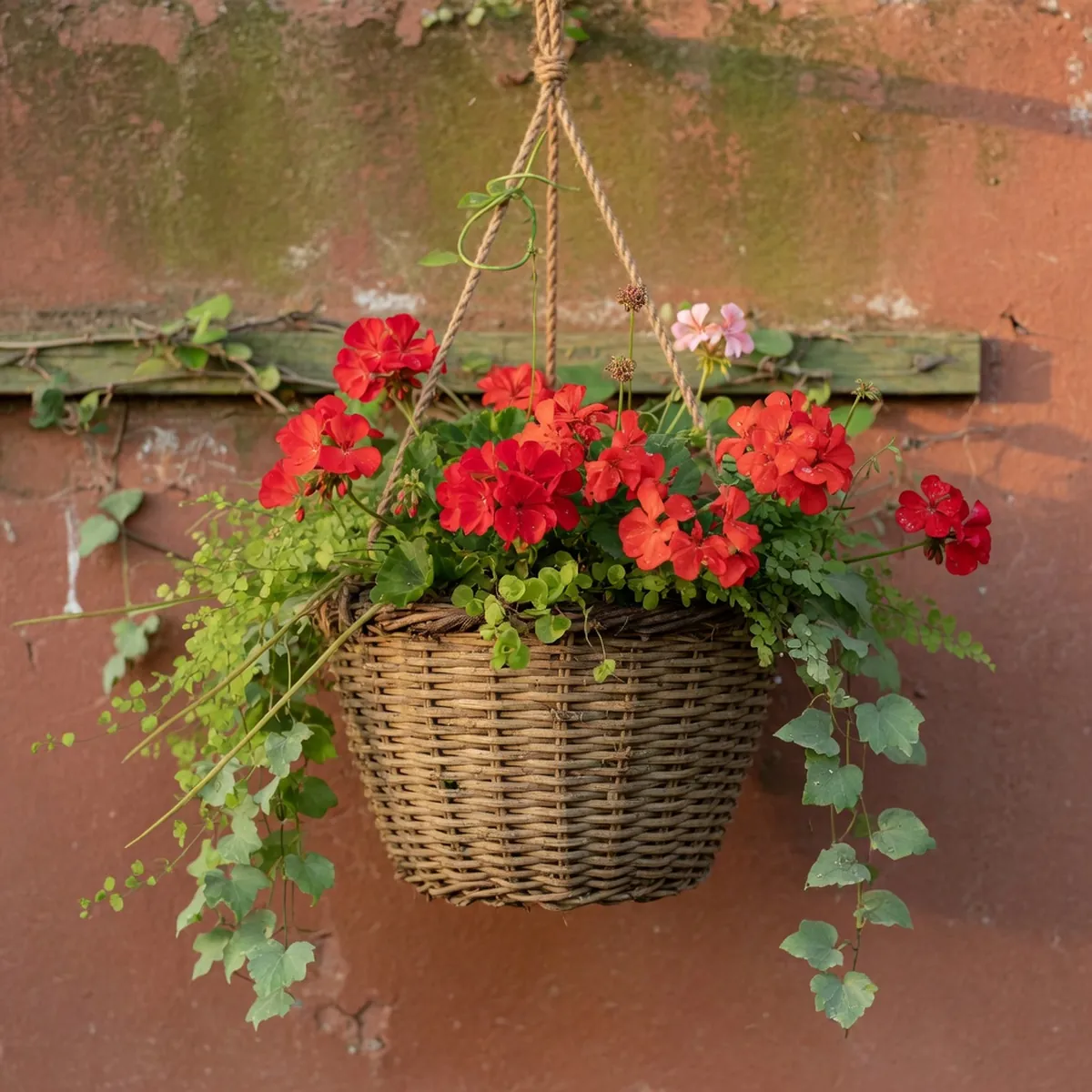 A hanging basket filled with vibrant red flowers surrounded by trailing green ornamental foliage.