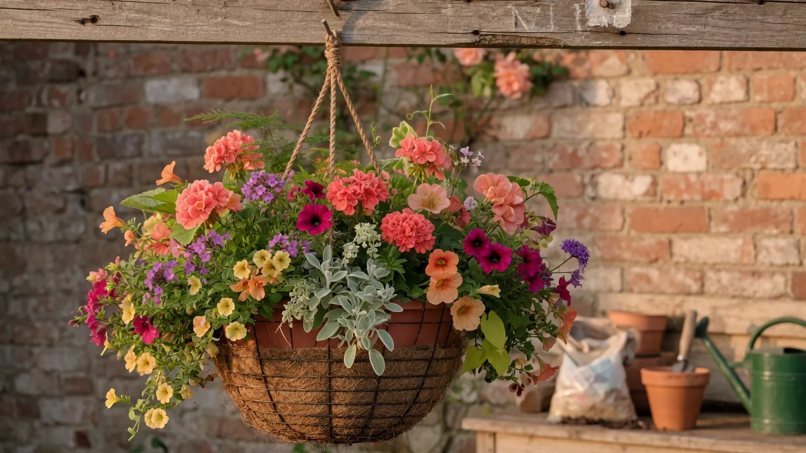A colorful hanging flower basket suspended from a wooden porch beam against a blurred garden background.