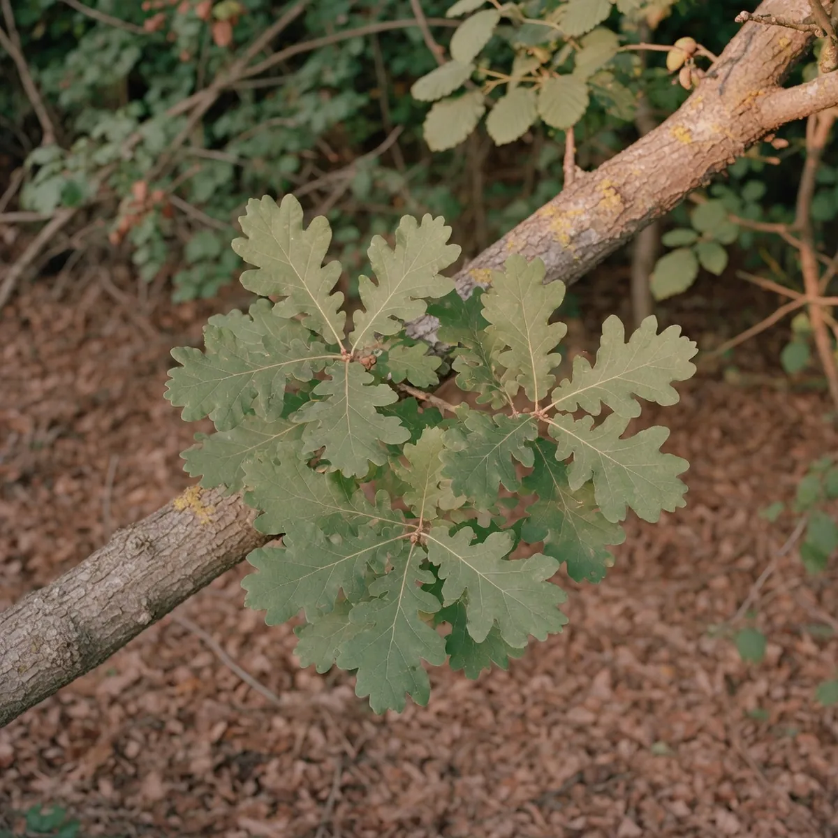 A close-up of a mature oak branch displaying distinctly lobed green leaves against a soft woodland background.