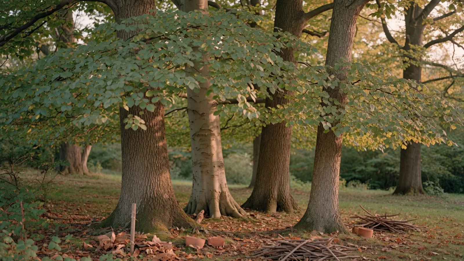 A mixed stand of mature broadleaf hardwood trees standing tall in a sunlit temperate woodland.