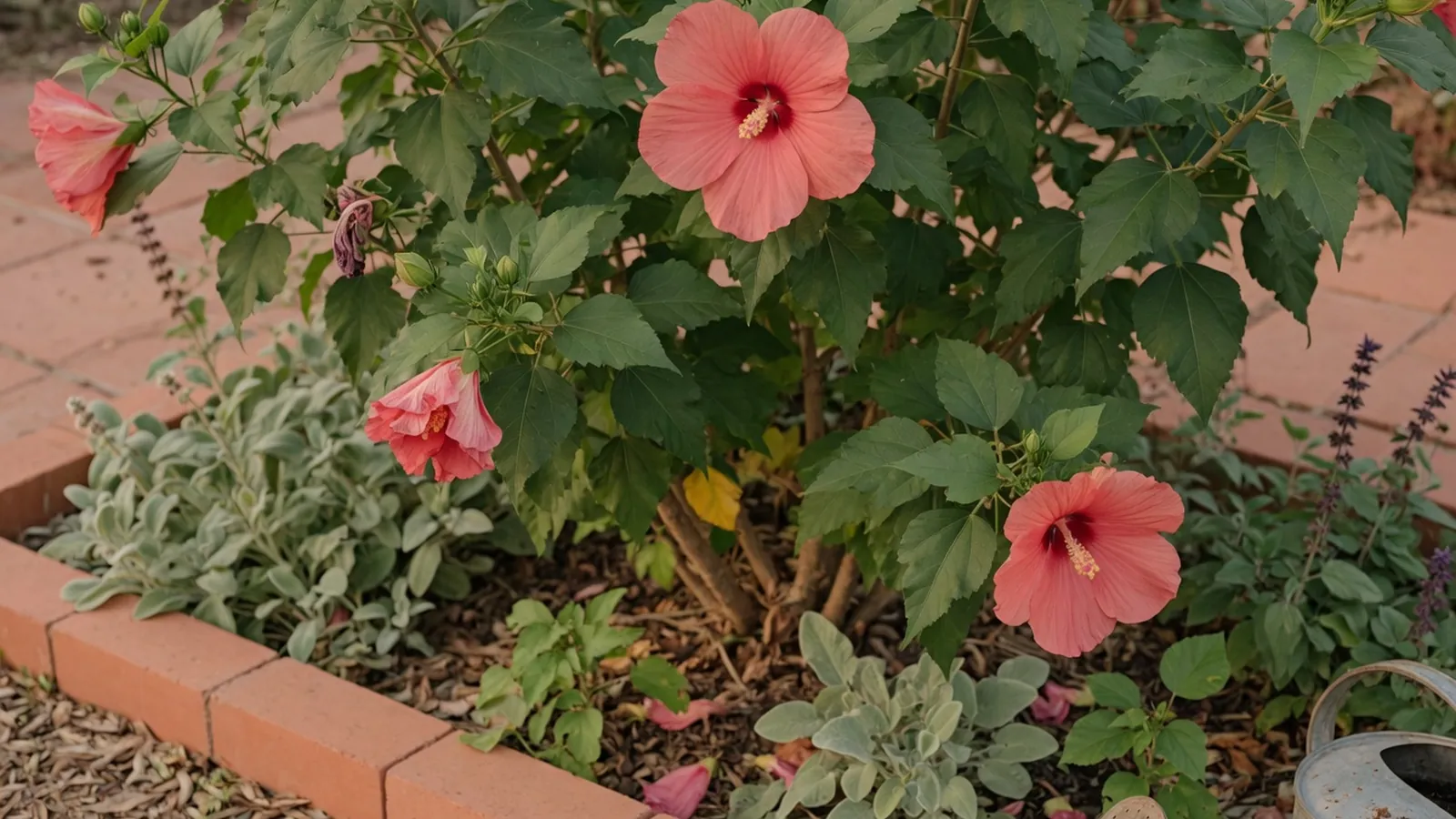 A vibrant hardy hibiscus shrub displaying large, showy flowers and heart-shaped foliage in a bright garden setting.