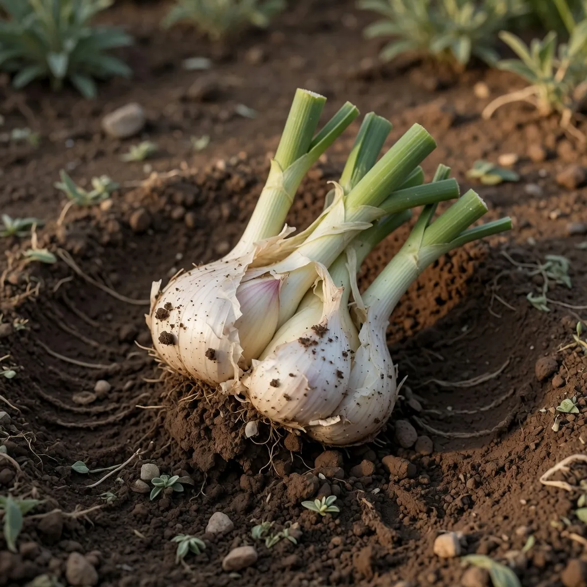 A partially unearthed garlic bulb resting in dark soil to check its maturity.