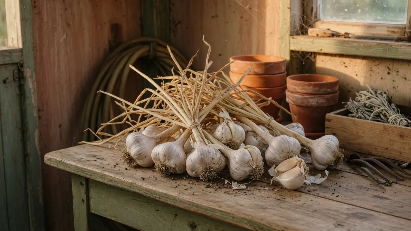 A cluster of mature garlic bulbs with dried stalks ready for harvest.