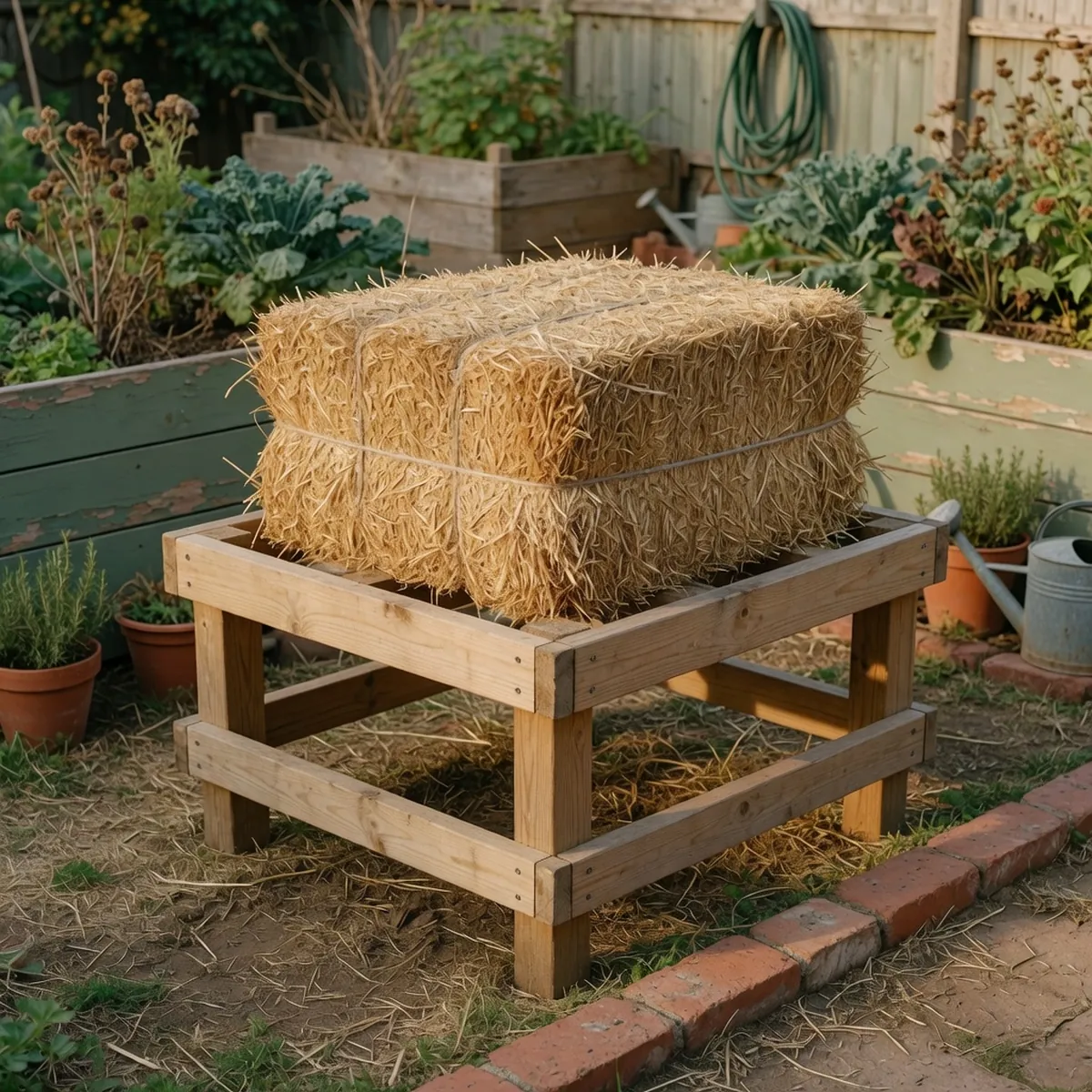 A rectangular hay bale resting on a raised wooden frame in a sunny garden, showing the gap between the bale and the ground.