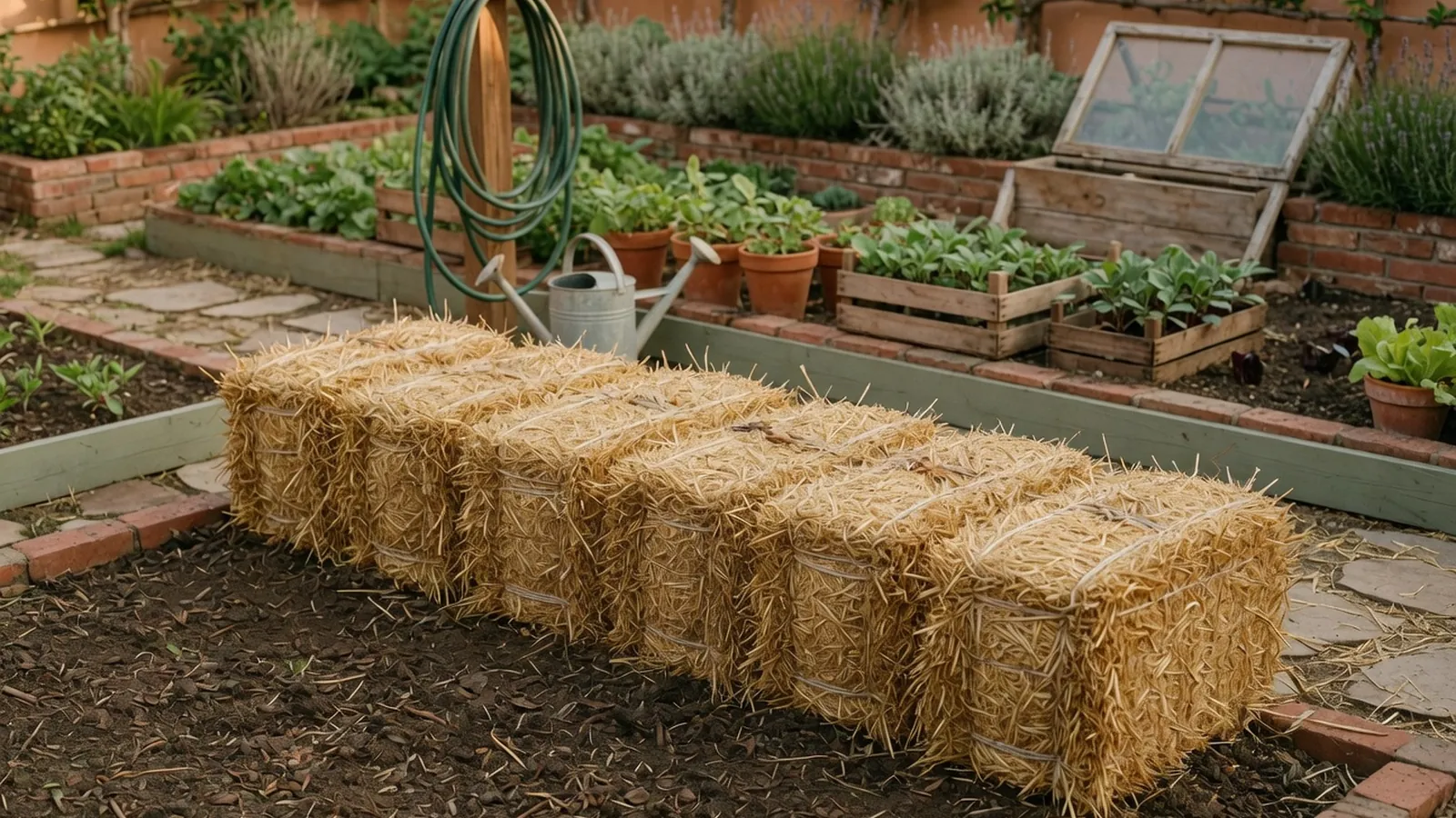 A neatly stacked row of golden hay bales in a bright garden setting, ready for planting.