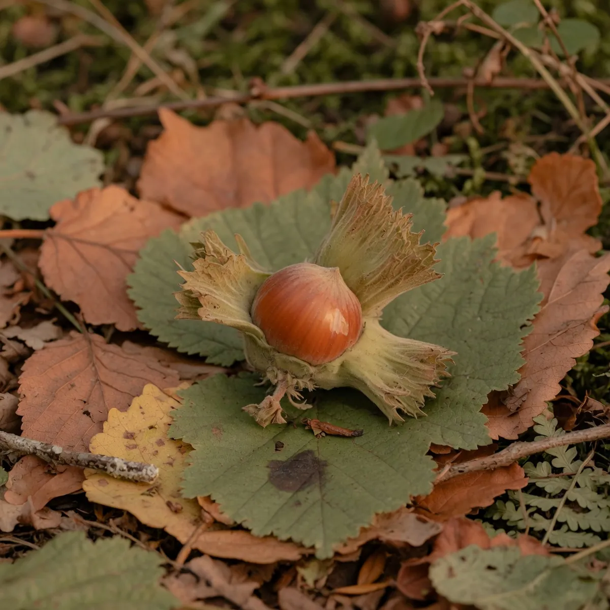 A ripening hazelnut nestled securely within its distinctive hairy, leaf-like husk.