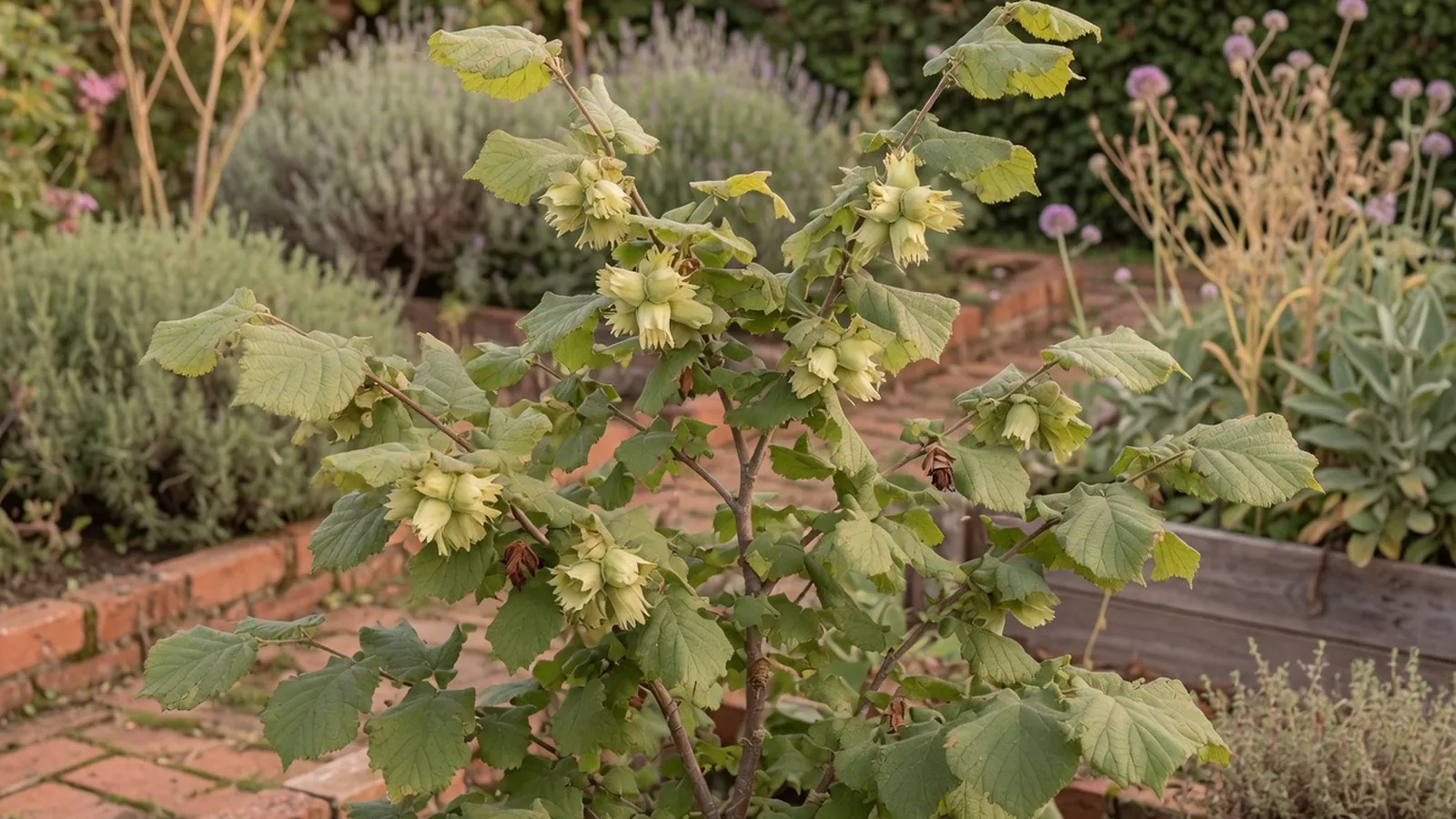 A mature hazelnut shrub displaying its characteristic oval leaves and developing nuts enclosed in hairy husks.
