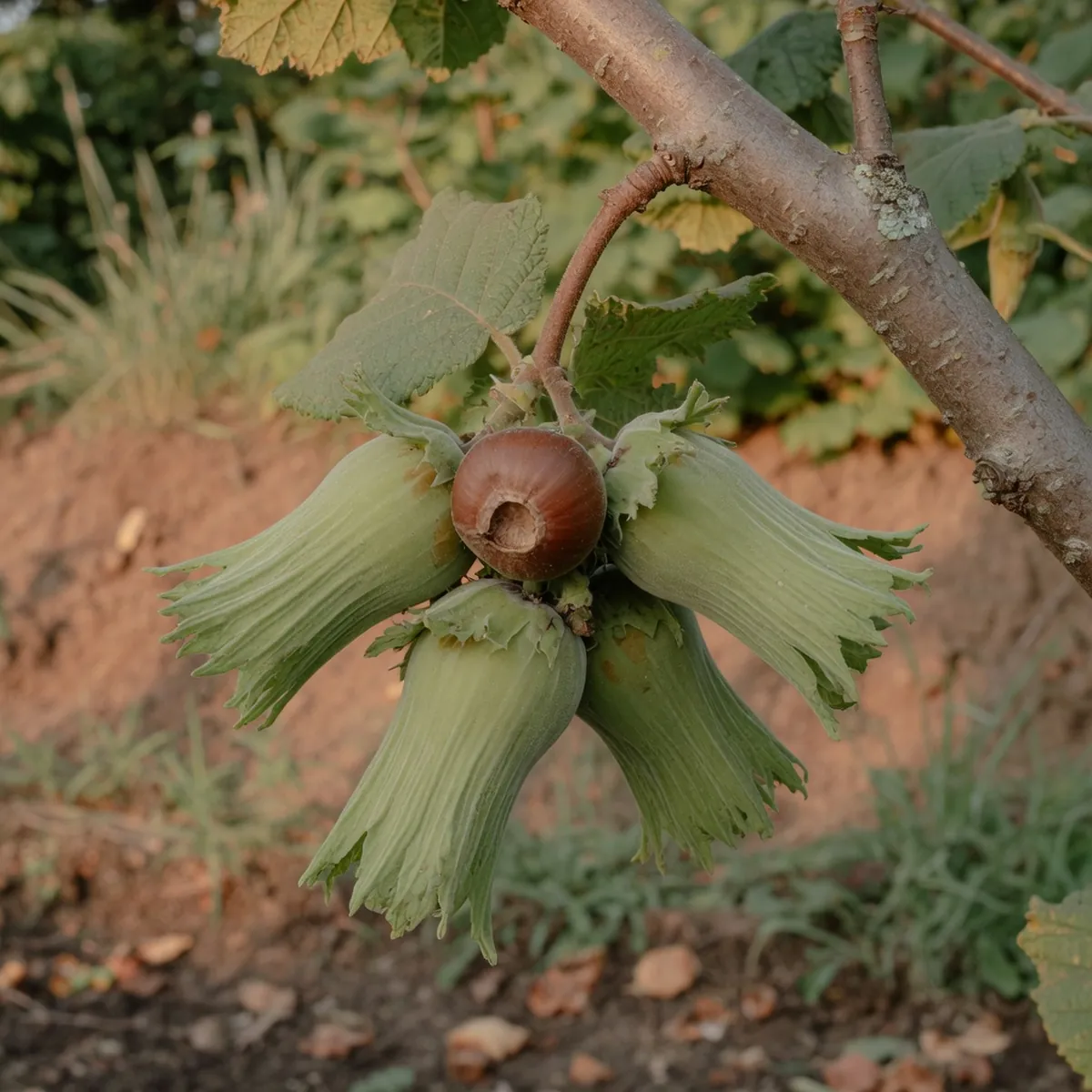 A cluster of brown hazelnuts fully enclosed in long, tubular green husks hanging from a woody branch.