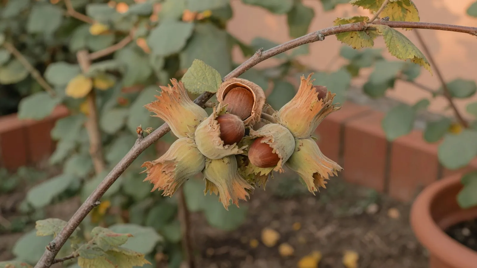 A cluster of ripe hazelnuts nestled in their leafy husks on a garden branch.