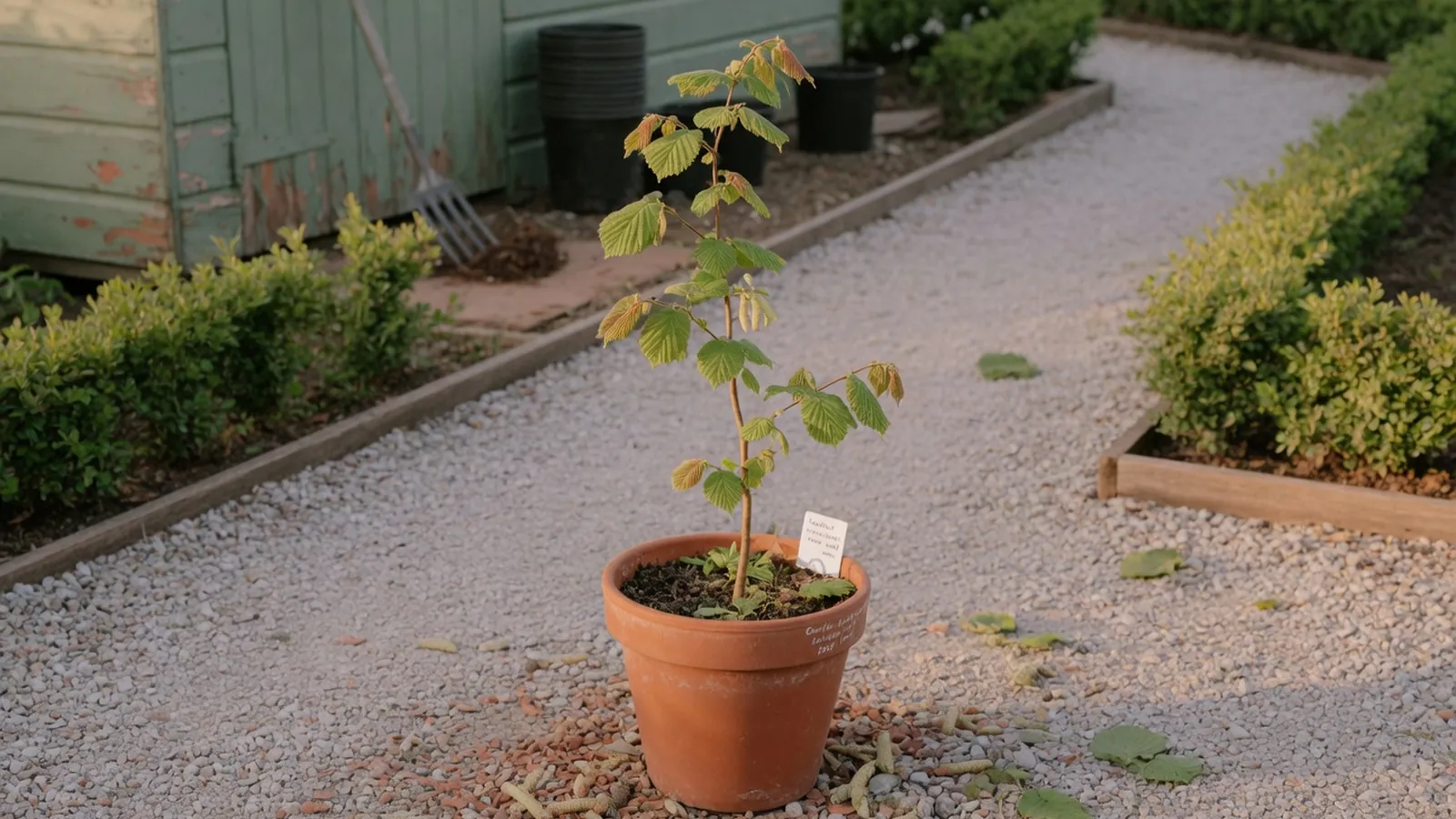 A young hazelnut sapling in a terracotta pot ready for transplanting.