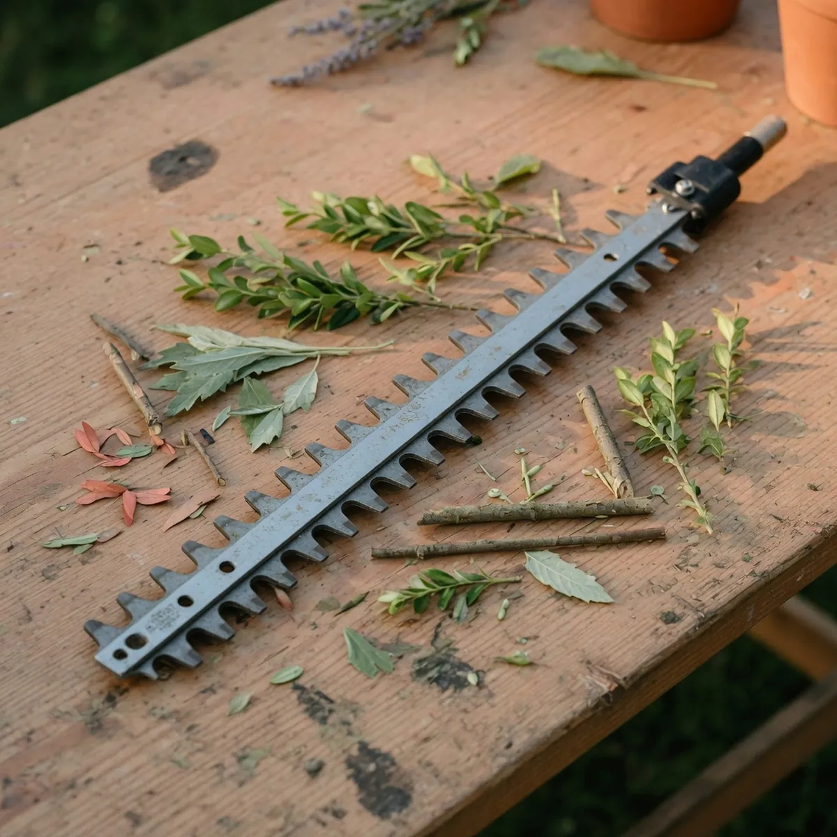 A double-sided hedge trimmer blade rests on a wooden workbench surrounded by small trimmed twigs and leaves.