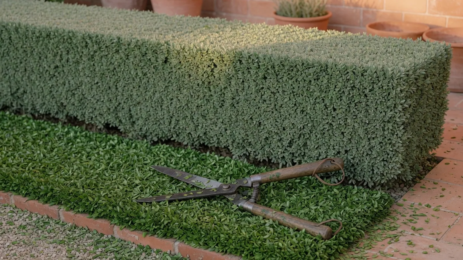 A neatly trimmed boxwood hedge sits in a sunny garden with pruning shears resting on the fresh green clippings.