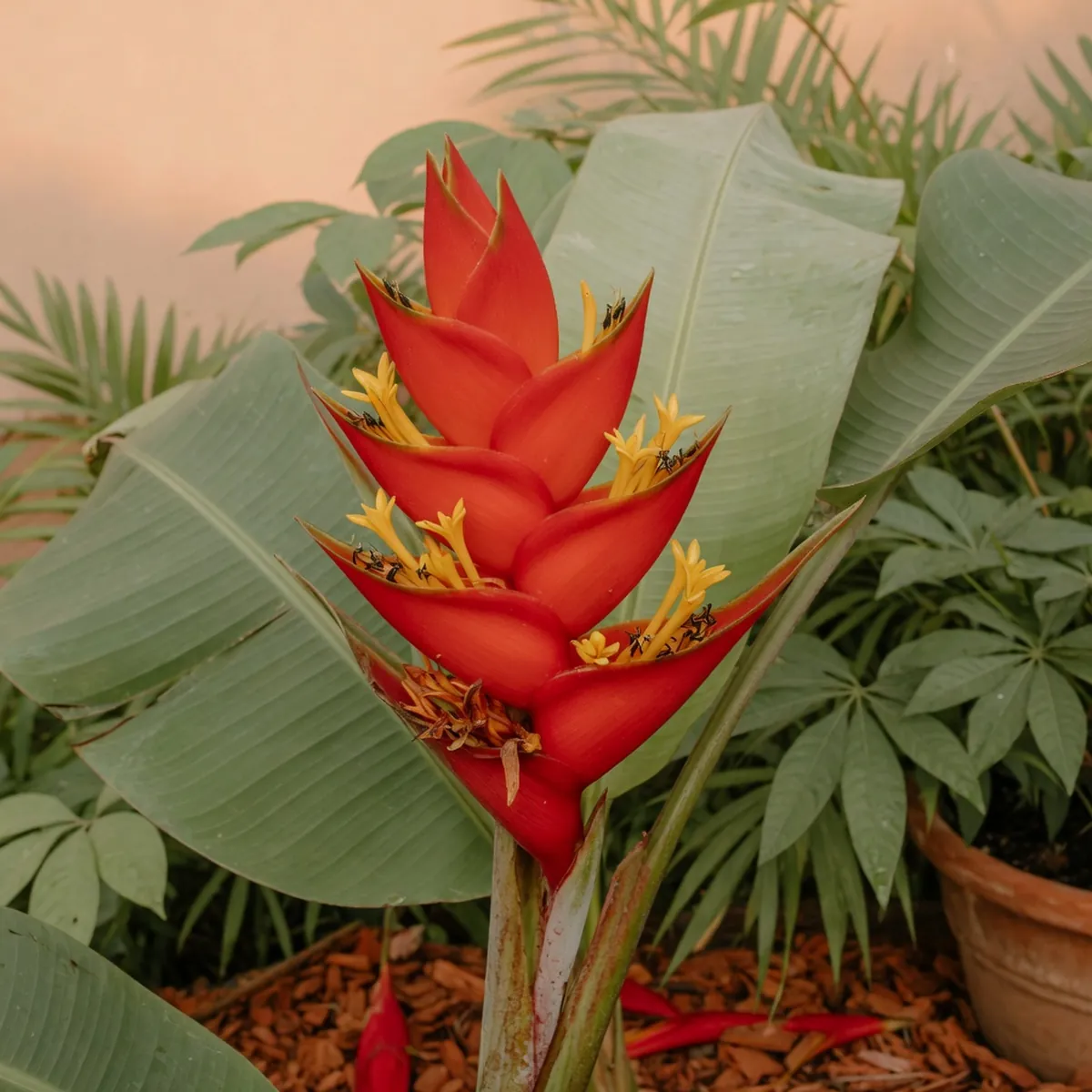 A close-up of a vibrant red heliconia bract cluster revealing small yellow true flowers nestled within.