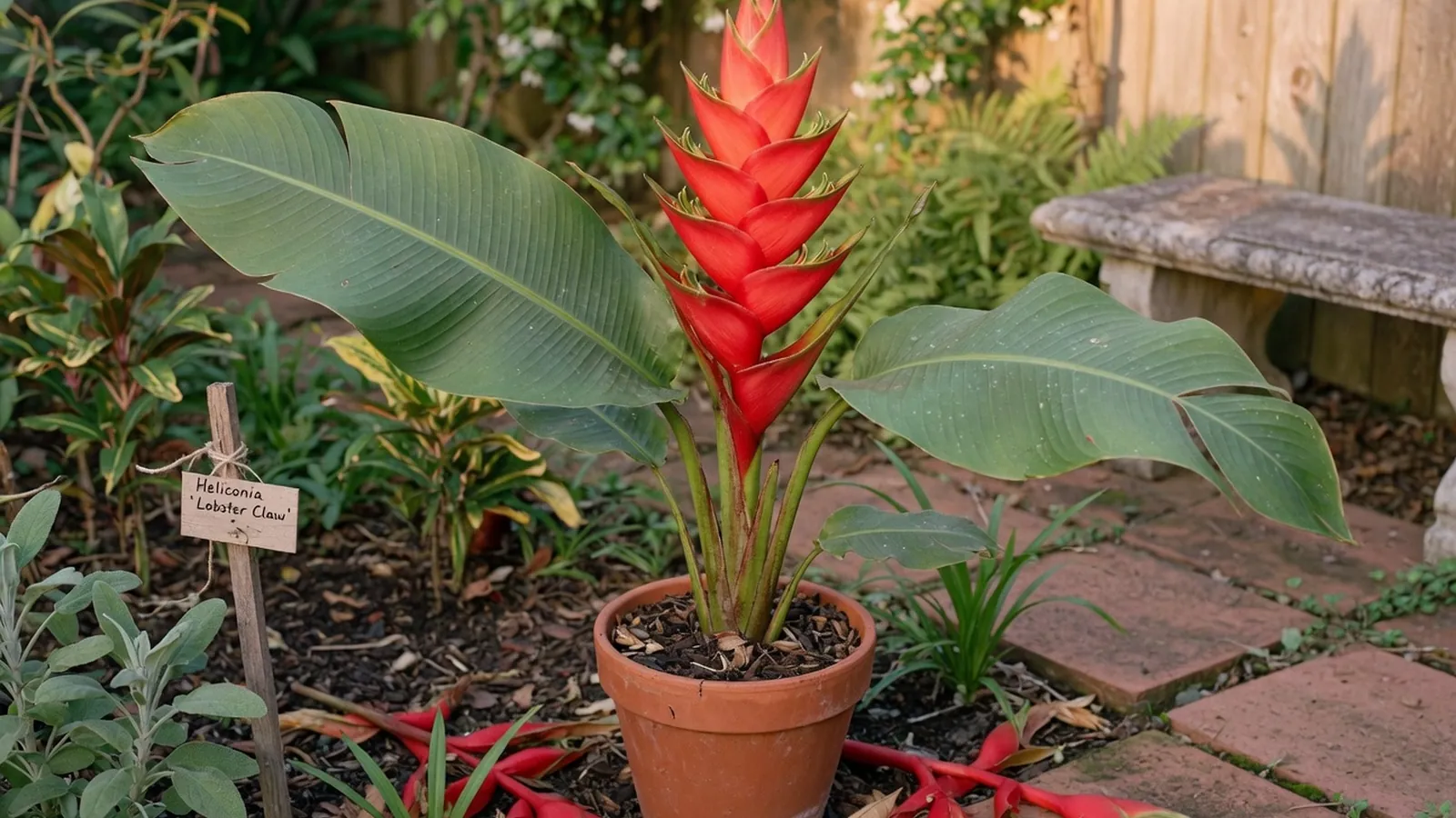 A lush heliconia plant displaying its distinctive bright red bracts and broad green leaves in a sunlit garden.