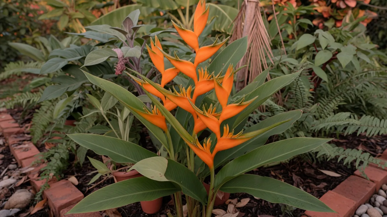 A Heliconia plant displaying its characteristic long, bright orange waxy bracts and large oblong leaves in a garden setting.