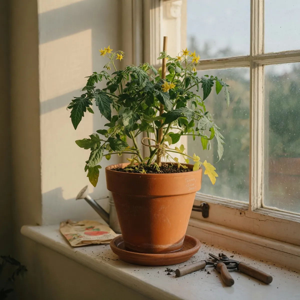 A potted tomato plant with yellow flowers sitting on a sunny windowsill.