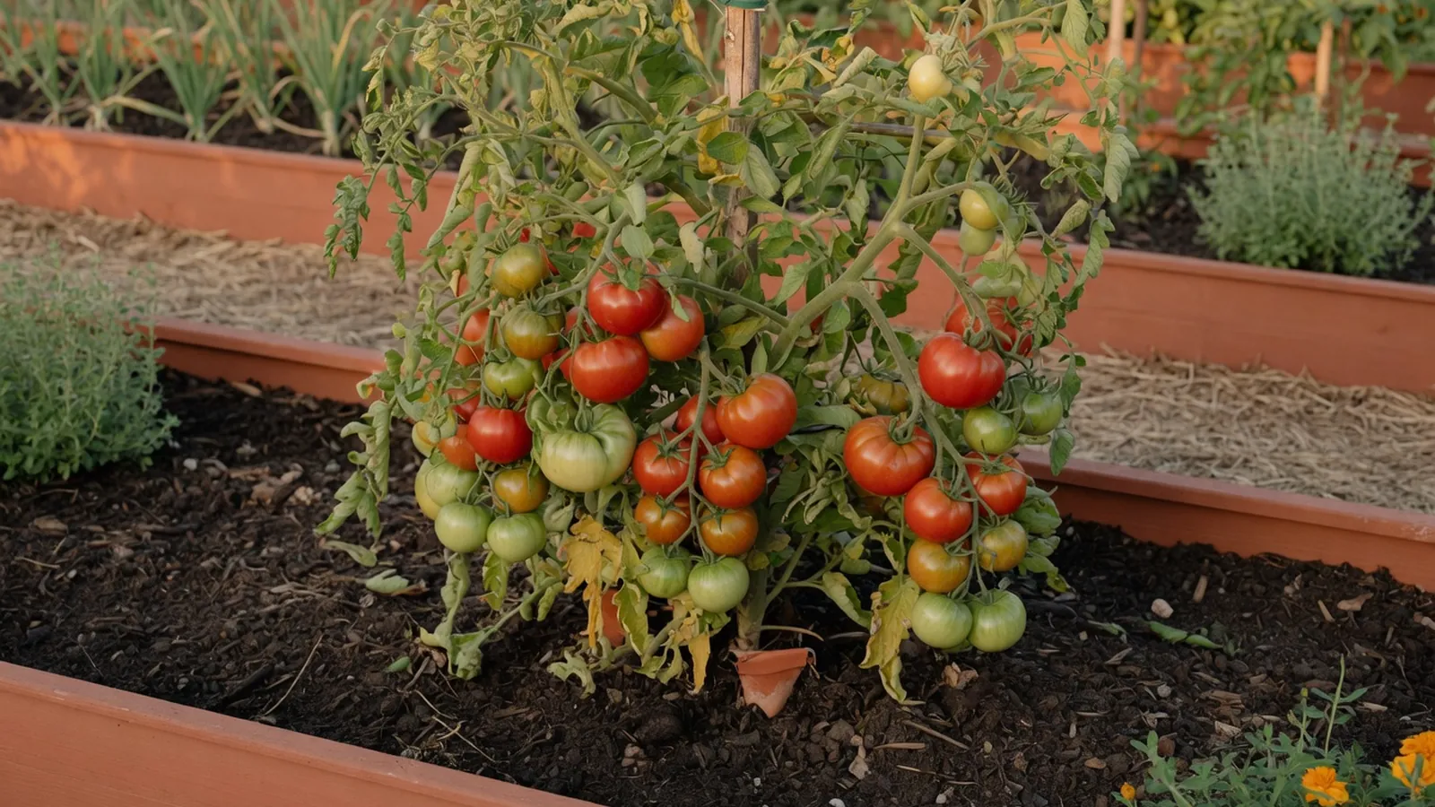 A healthy tomato plant heavy with clusters of ripening red and green fruit growing in a garden bed.