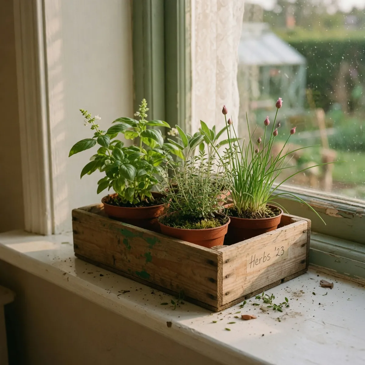 A small wooden box containing basil, lemon thyme, and chive plants sitting on a windowsill with soft filtered light.